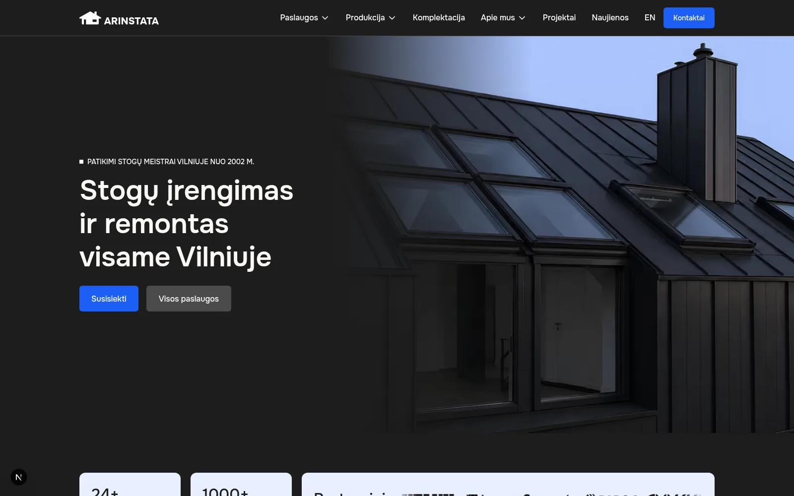 The client homepage at desktop width: a dark standing-seam roof house, windows unlit.