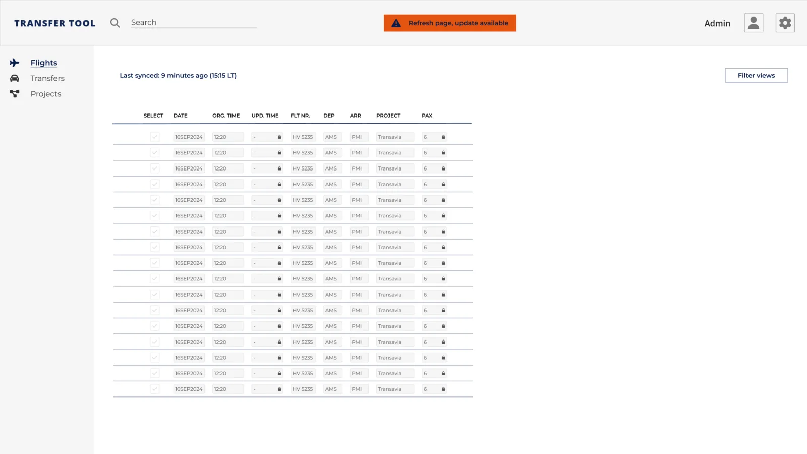 Flights screen of the prototype: a table of incoming flights with date, times, flight number, route and project columns, all placeholder rows.